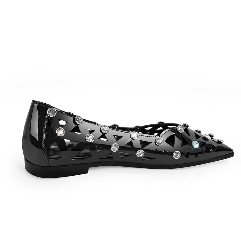 Onlymaker Woman Rhinestone Hollow Square Toe Flats Slip On Black Fashion Daily Flat Shoes