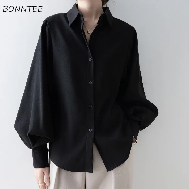 Shirts Women Lantern Sleeve Solid Trendy Chic Vintage All-match Classic Daily Spring Korean Fashion Office Lady Ins Harajuku