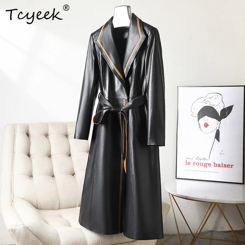 Tcyeek Pelle di pecora Primavera Autunno High End Trendy Colletto del vestito Cravatta nera Giacca lunga in vera pelle da donna Жaki Julaiжаusus Куртка
