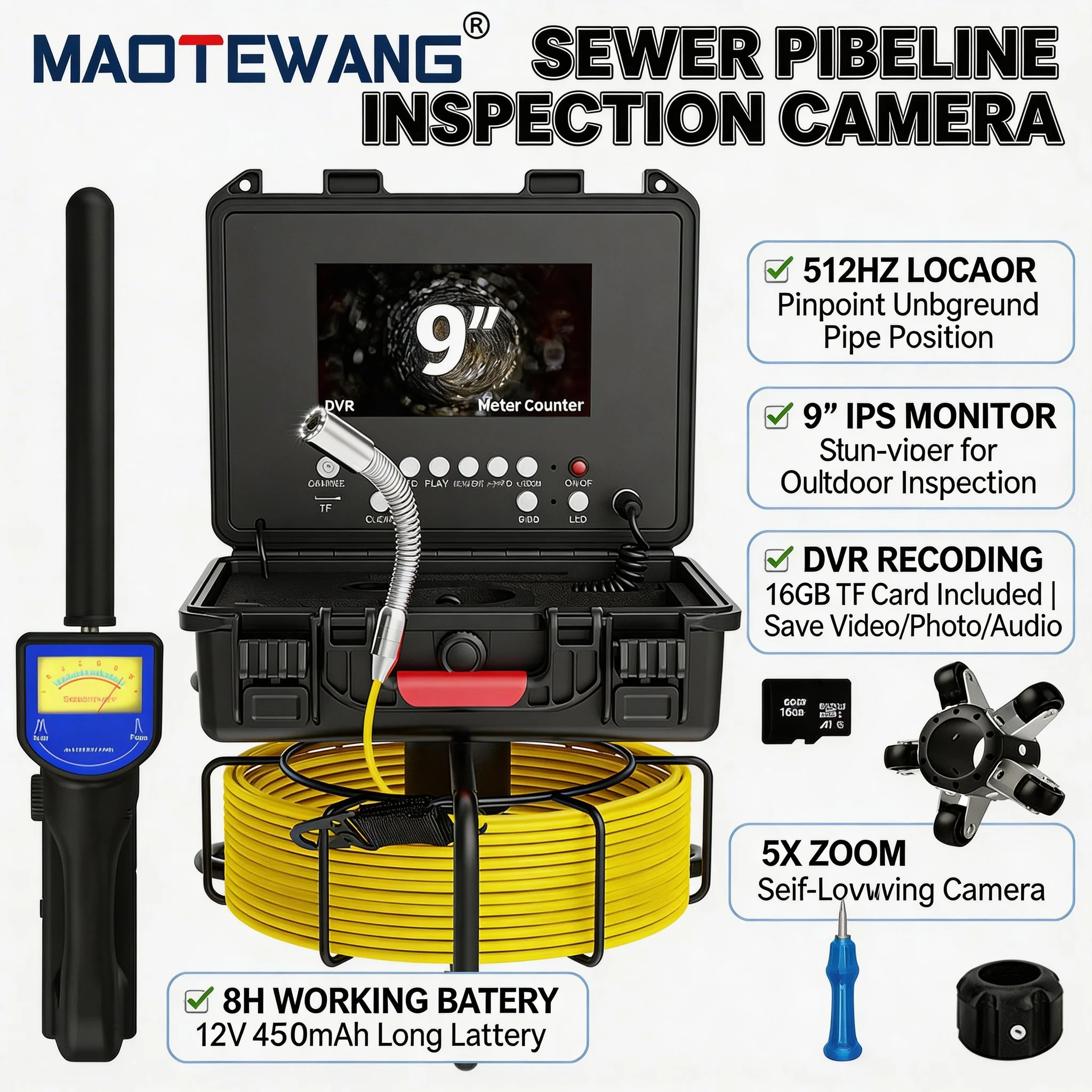 7 20M Sewer Camera 512Hz Locator 1080P IPS DVR Self-Leveling Meter Counter 5mm Cable Drain Pipe Inspection 16GB
