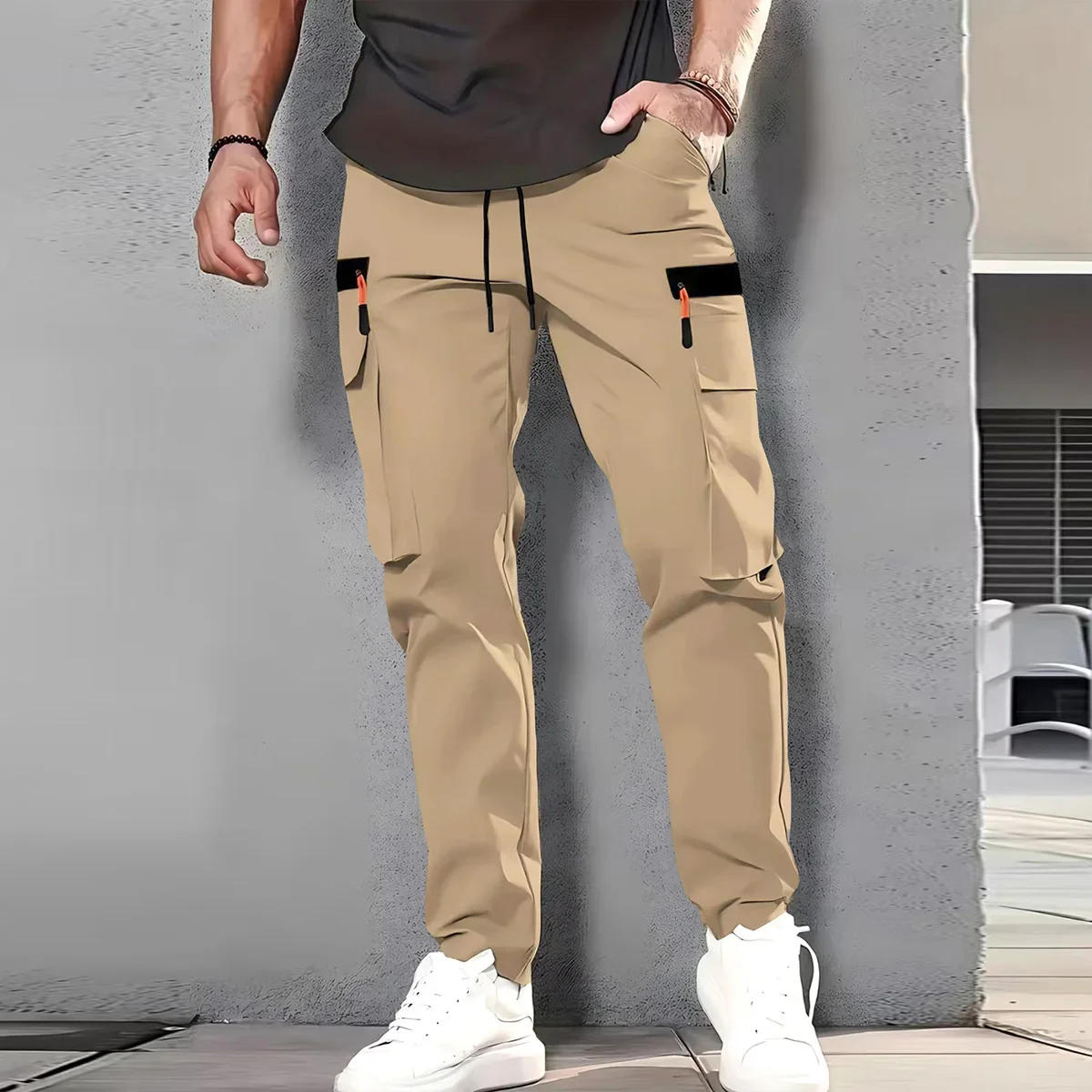 

Men's multi-pocket drawstring workwear casual long pants, suitable for outdoor activities, mountaineering, tourism