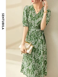 SENTUBILA 100% Mulberry Silk Printed Floral Dresses Women 2024 Summer Puff Sleeve Belted Fashion Midi Wrap Dress 142L53171X