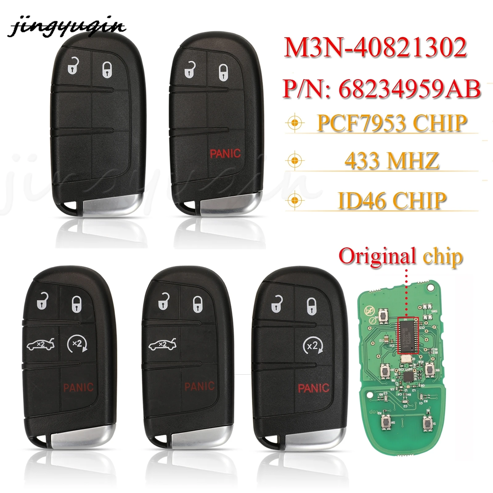 

jingyuqin 2/3/4/5BTN Smart Remote Key Fob 433Mhz ID46 PCF7953 M3N-40821302 For Dodge Journey Challenger Durango 300 CY24 Blade