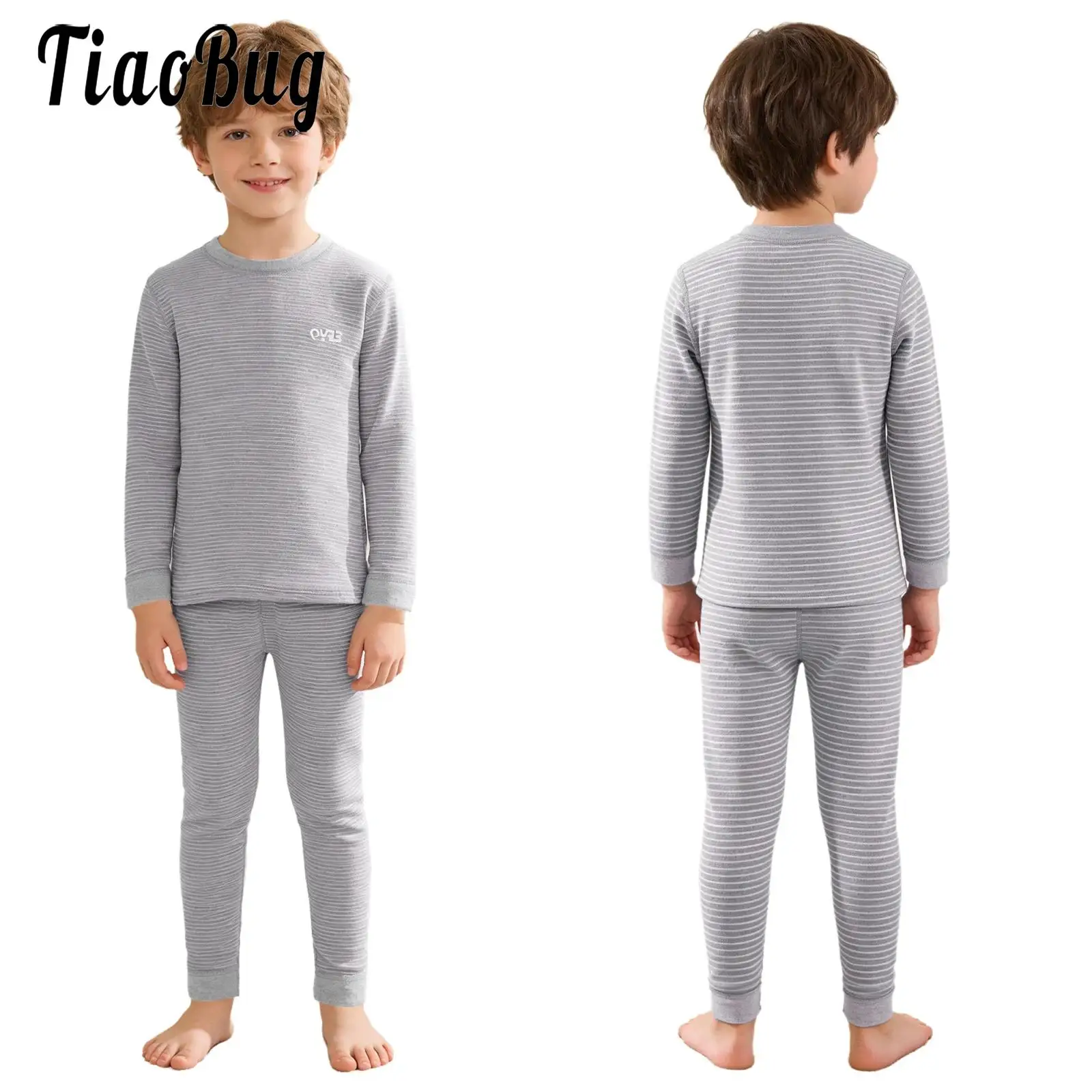 

Kids Boys Girls Warm Thermal Underwear Set Winter Sleepwear Homerwear Loungewear Long Sleeve Top with Leggings Striped Outfit