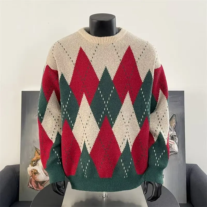 男性用チェッカーカラーブロックセーター,クラシックセーター,暖かいトップス,ファッショナブルな服,アメリカン,新しい,2020
