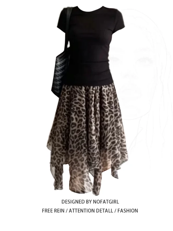 

plus Size Women's Pure Desire Leopard Print Asymmetrical High Waist Slimming Design Top And Skirt Two-Piece Summer Fashion Set