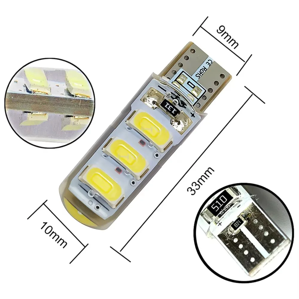 10PCS T10 w5w 12V Automotive LED 194 501 6SMD  Silicone Cob Marking Tail Wedge Parking Fog Running Light Bulb Tube Illumination