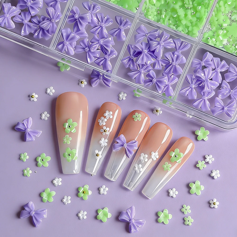 

Набор для дизайна ногтей: 12 ячеек, смешанные белые и зеленые цветы с пятью лепестками, 3D-шармы из смолы, глянцевые фиолетовые бантики, весенний милый декор для ногтей своими руками