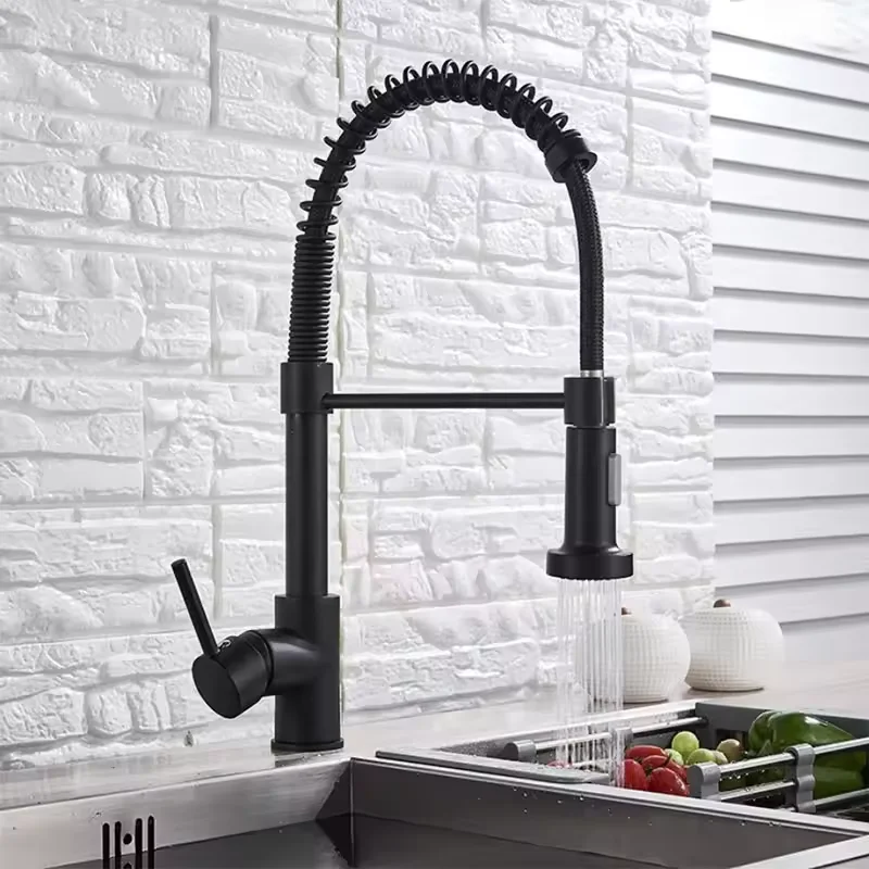 Grifo de Cocina Extraíble con Resorte, Color Negro Mate, 360° ° Grifo Mezclador Giratorio de Agua Fría y Caliente