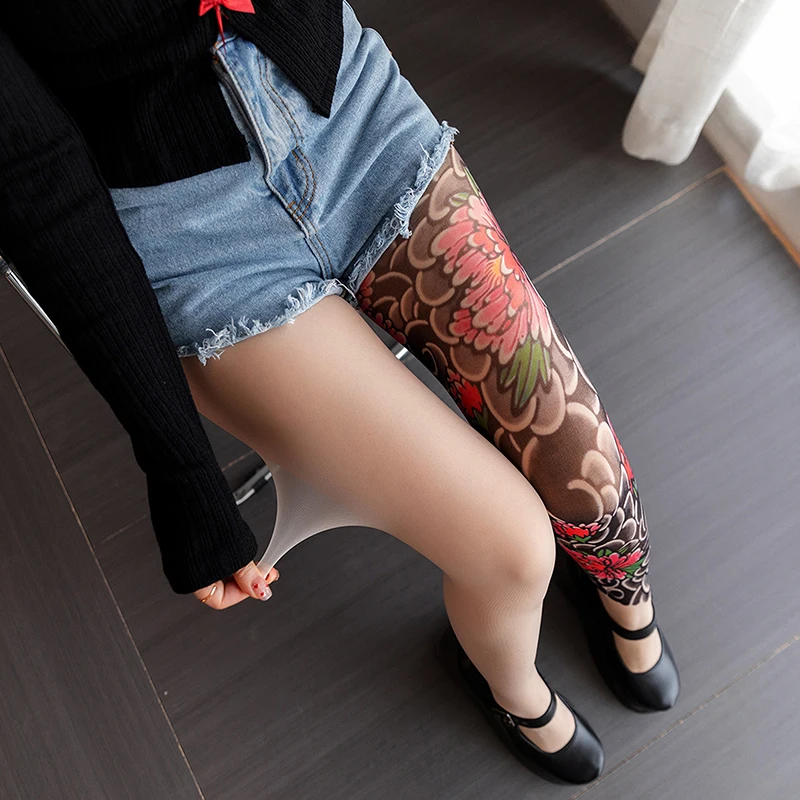 Sexy feminino impresso collants falso tatuagem peônia meia-calça perspectiva feminina malha leggings meias de náilon