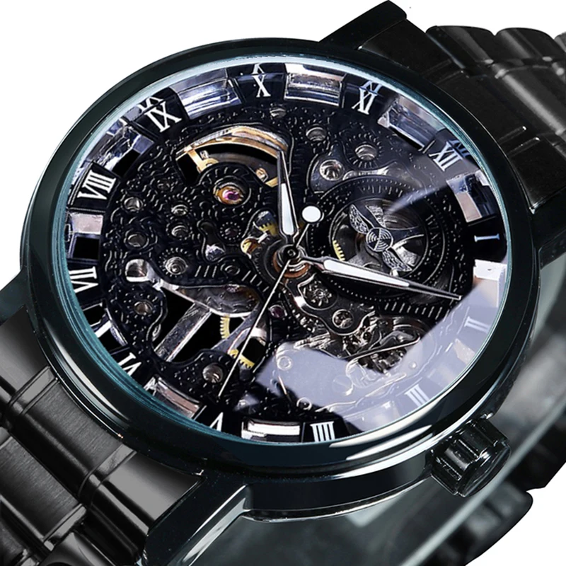 WINNER Classic Black Skeleton Mechanical Watches Retro Luminous Hands Luxury Brand Automatic Mens Watch Stainless Steel Strap