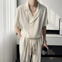 2025 Summer Pleated Sets Men Fashion Casual Short Sleeved T shirt/Trousers Two-piece Mens Korean Loose Ice Silk Sets Men 3-color