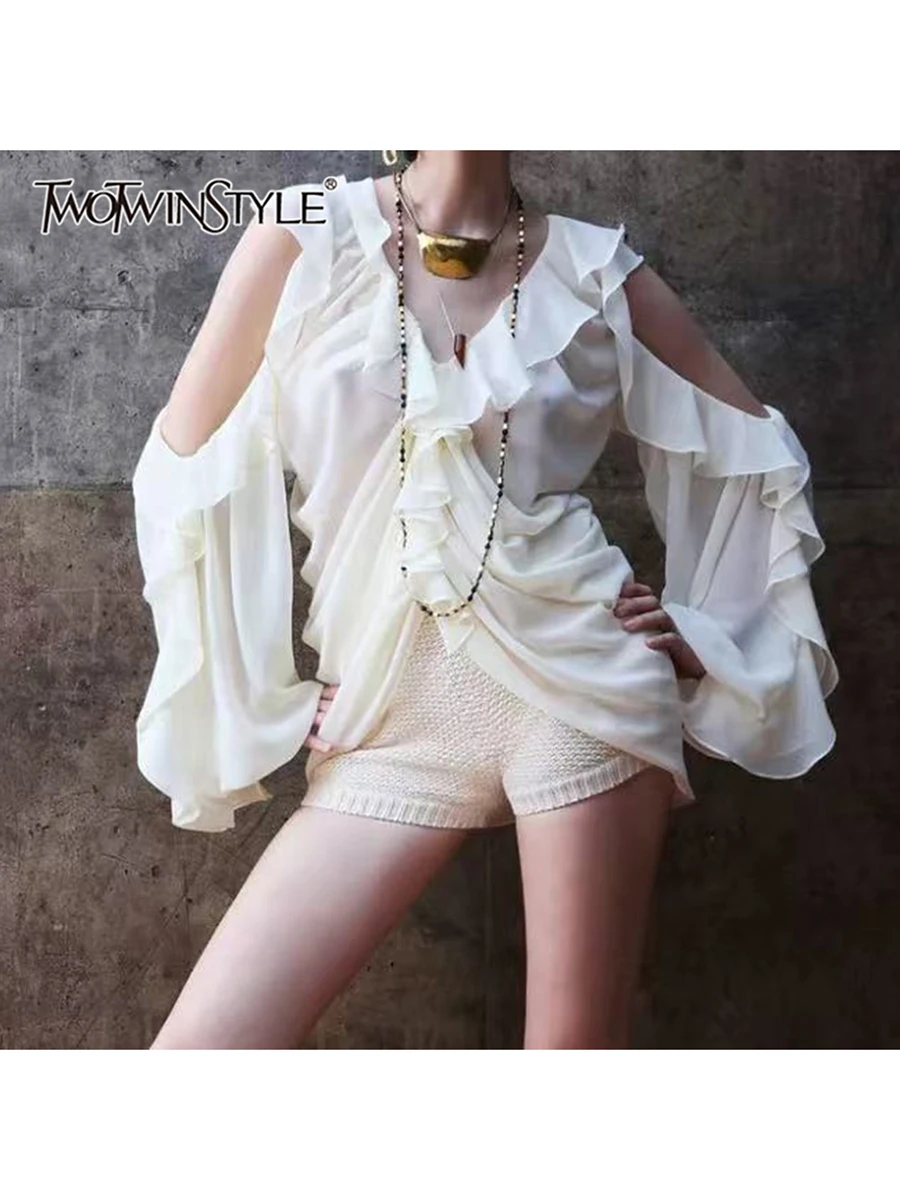 

TWOTWINSTYLE solid spliced ruffles blouses for women v neck long sleeve off shoulder chic shirt female fashion stytle clothes