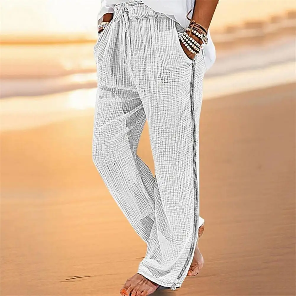 Beachwear Bottoms Men's Vacation Pants with Zipper Closure Drawstring Elastic Waist for Casual Daily Wear Solid Color Loose Wide