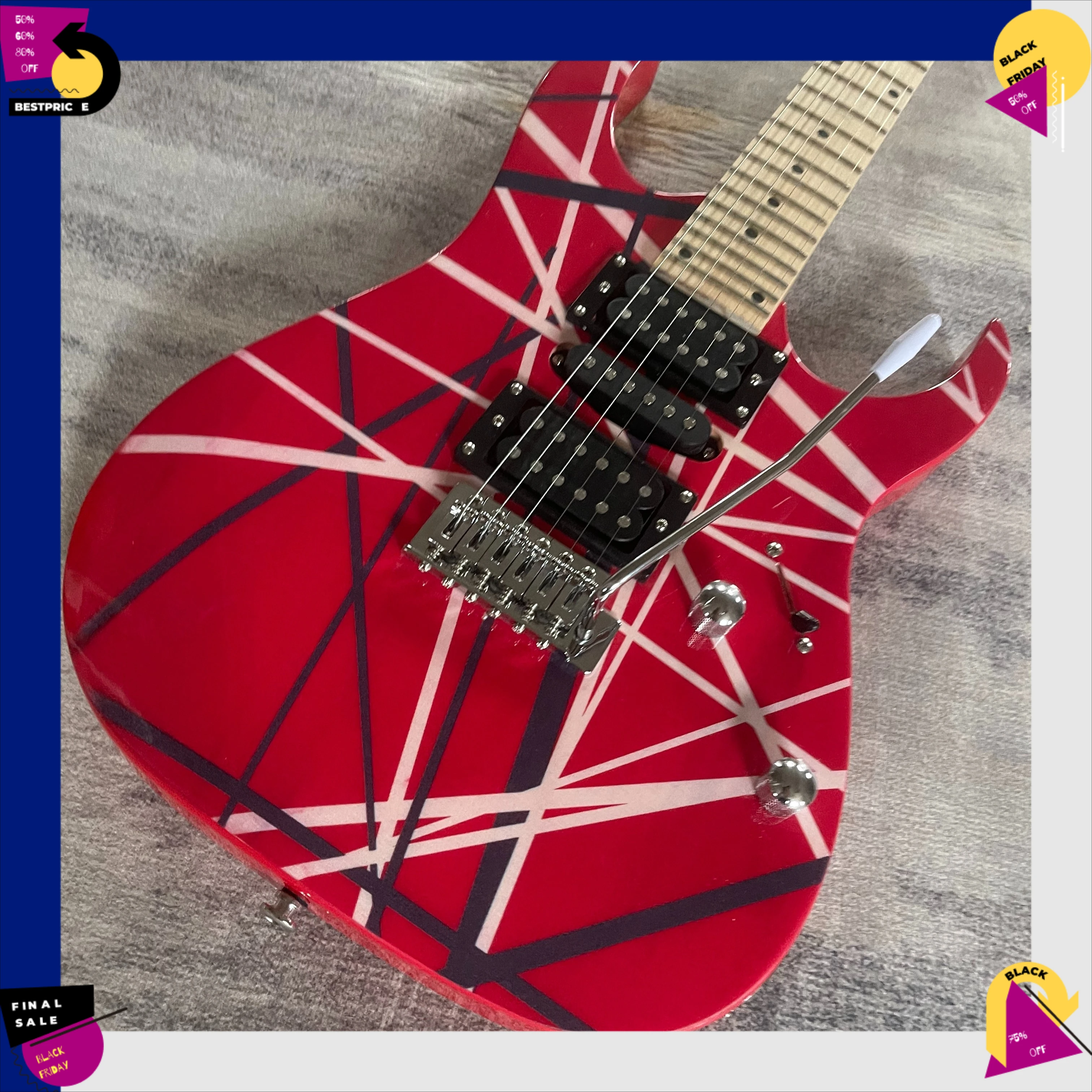 Electric Guitar Red Base White/Black Diagonal Stripes HSH Pickups Double-Locking Trem Maple Neck  Fingerboard Black Dot Inlays