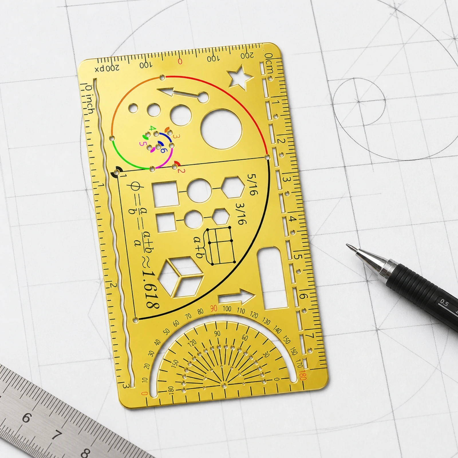 Drafting Stencil Precision Gold-Plated Stainless Steel Drawing Template Ruler Optimal Proportion Drafting Ruler with Protractor