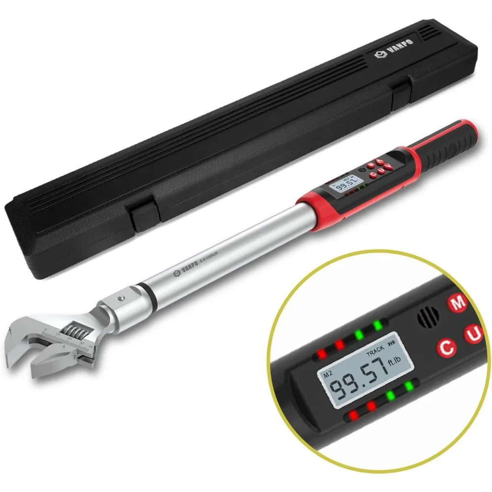 Adjustable Digital Torque Wrench 5-99.6ft-lbs/6.8-135N-m, 14×18mm Open End Torque Wrench, 38mm Adjustable Jaw, Accuracy