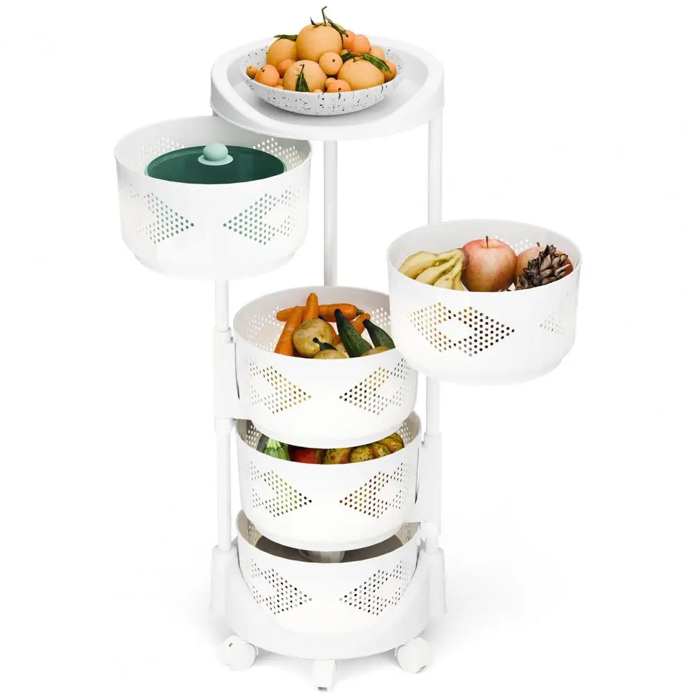 Kitchen Storage Cart 5 Tier Circular Rotating Basket, Storage Rack with 360 Degree Wheels Fruit Vegetable Shelf Rotatable Basket