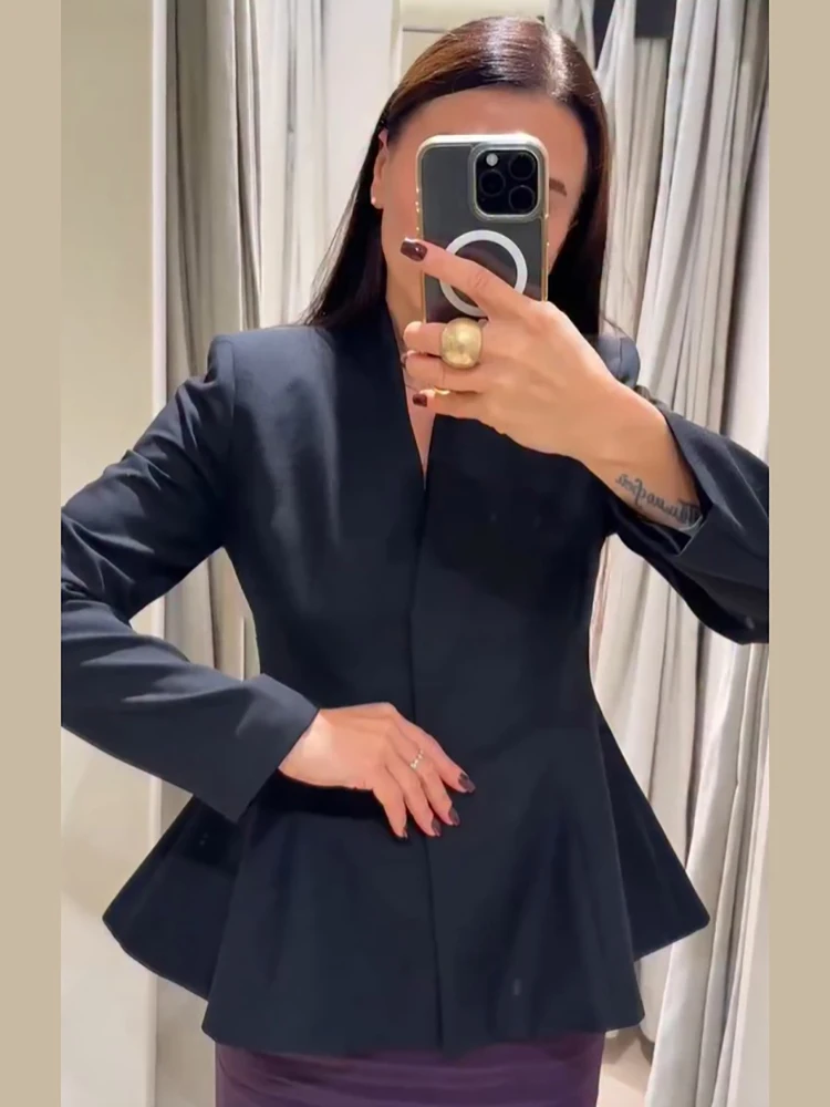 Elegant Chic Black Peplum Blazer Trend Long Sleeve Slim Fit Office Formal Suit Jacket Female Autumn Casual Commute Outerwear