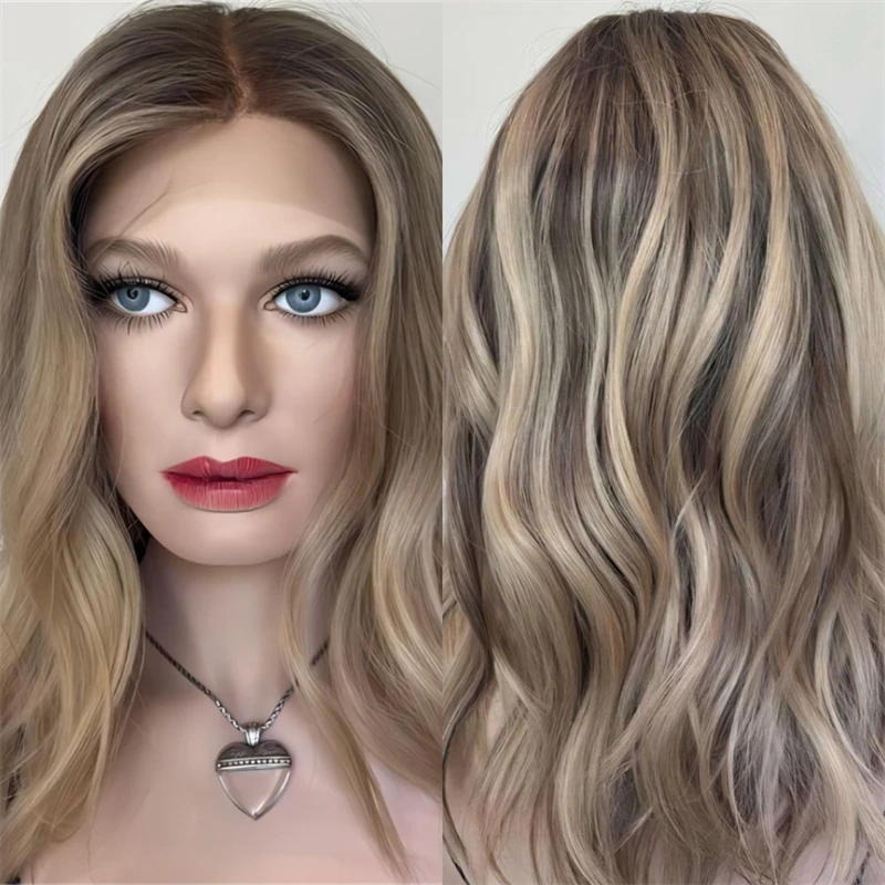 

Парик высокой плотности, новый карамельный блондин с омбре и коричневыми полосками, синтетический парик спереди, предварительно выщипанные волосы, естественная волна, боб