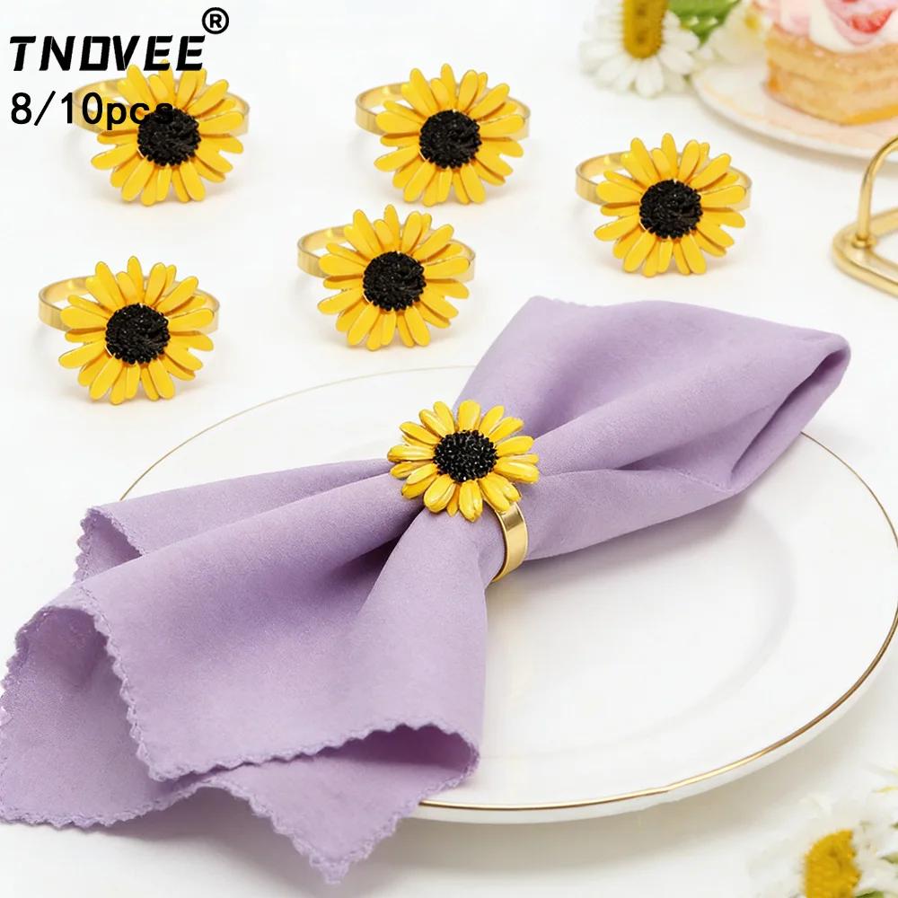 8/10Pcs Sunflower Napkin Rings Gold Alloy Enamel Napkin Holders for Rustic Wedding Summer Farmhouse Table Decor