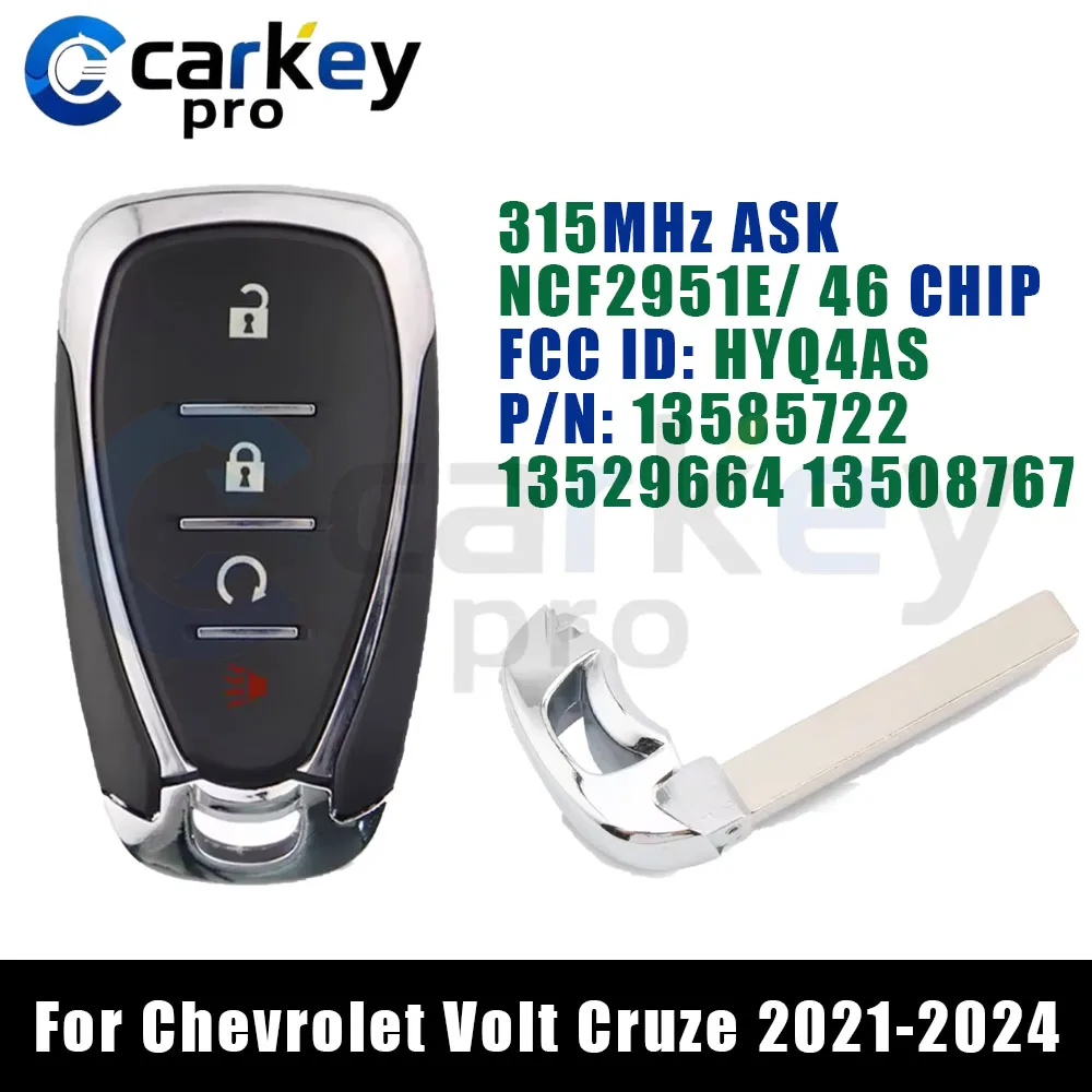 Carkeypro 3 + 1 botones llave inteligente 315Mhz HYQ4AS 46 CHIP 13585722 13529664 13508767 para Chevrolet Volt Cruze 2021-2024