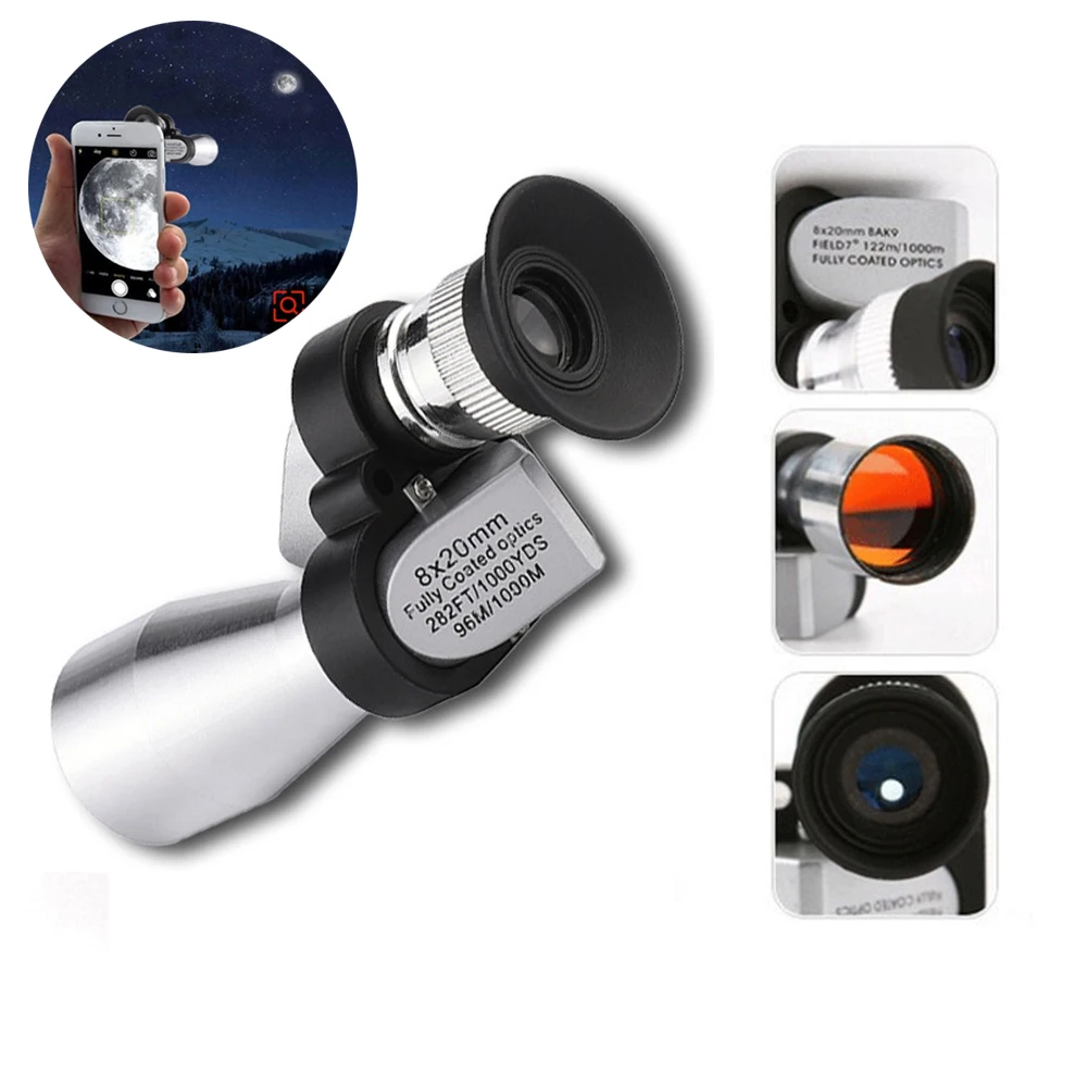 

8x20 HD Mini Pocket Zoom Monocular Telescope Outdoor Mobile Phone Corner Telescope Low Light Night Vision for Hunting Camping