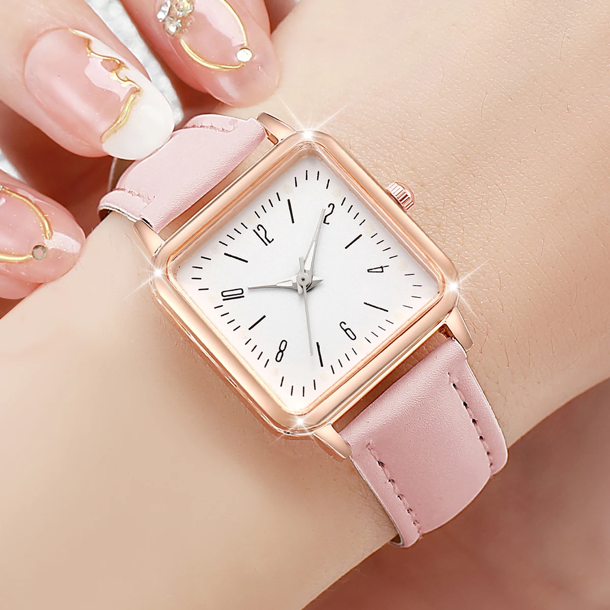 3PCs/Set Women\'s Fashion Watch Square Simple Dial Leather Quartz Watch Set