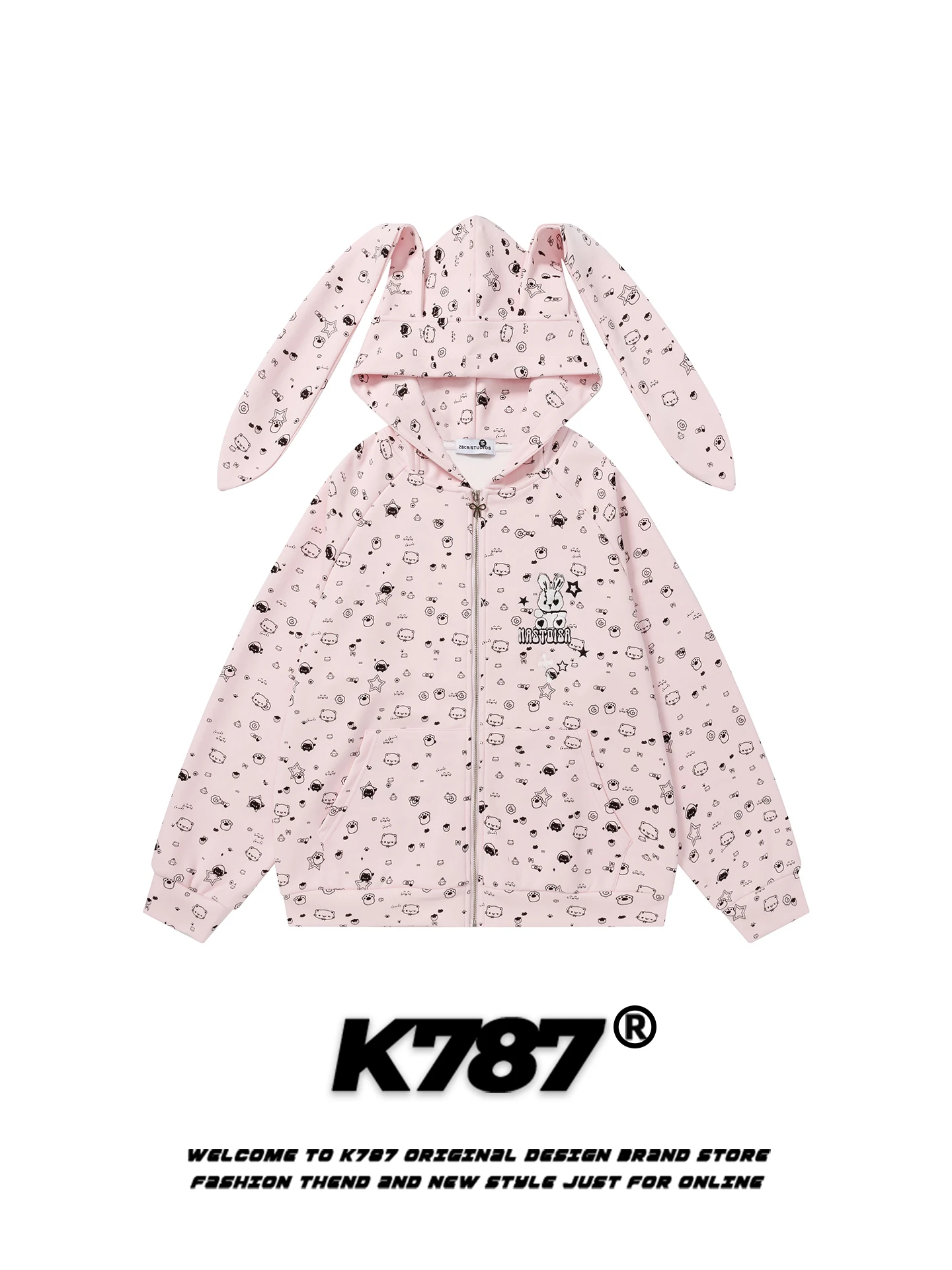 

K787 Aby Wind Star Rabbit Ear Zipper Jaet Women's Casual Fun Loose Cute Home Hoodie Cotton Polyester Blend Autumn Spring