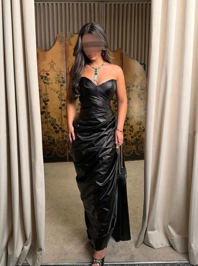 

Shiny Black Leather Long Prom Celebrity Dresses Ruched Pleated Sweetheart Saudi Women Evening Occasion Party Gown Customsized