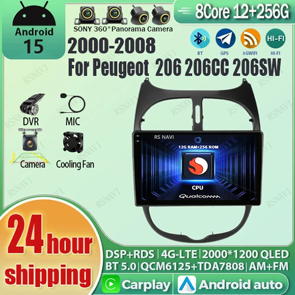 

Android 15 Wi-Fi + 4G Carplay Автомобильное радио для Peugeot 206 206CC 206SW 2001-2016 Навигация GPS Мультимедийный видеоплеер Стерео АВТО