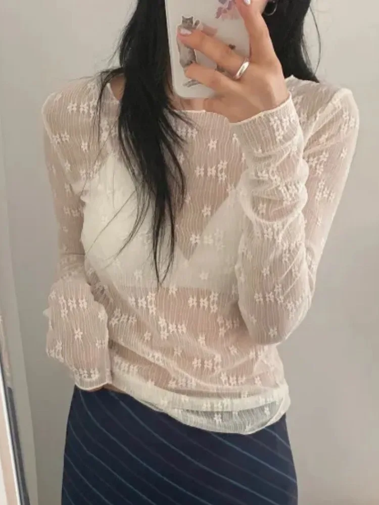 

Chic Autumn Winter Floral Lace Round Ne Long Sve Base Irt Women's Faion Layering T-irt White See Base Top
