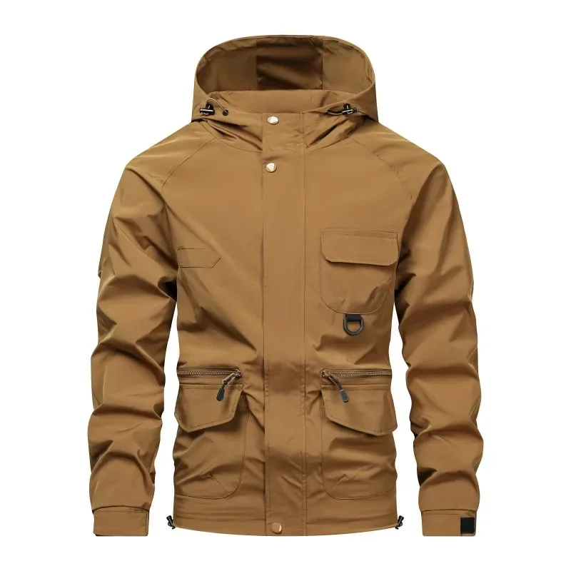 Mens New Spring Autumn Tactical Hooded Jacket Full Snap Zipper Closure Multi Storage Pockets Windbreaker Coat Casual  YH53266