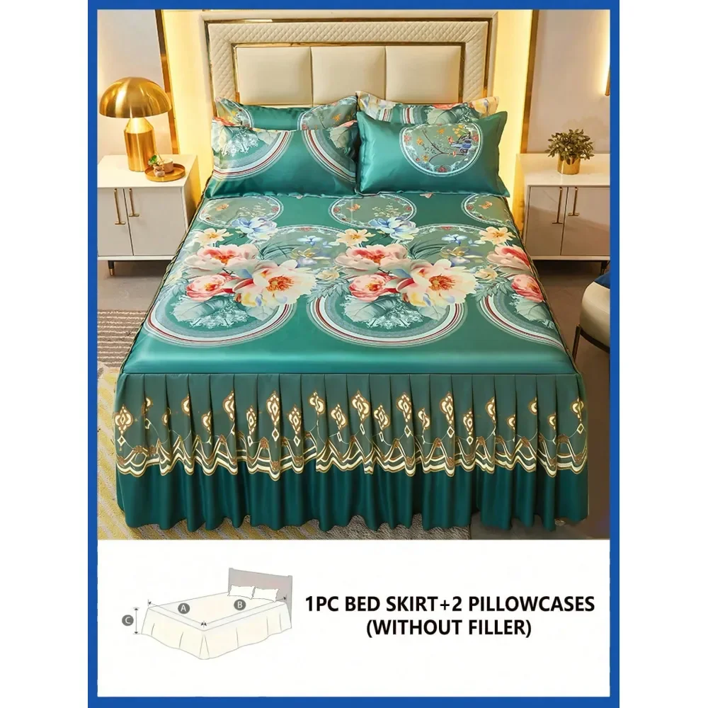 

Soft Breathable Floral Printed Bed Skirt Set 1 Bed Skirt 2 Pillowcases, MoistureWicking, WrinkleResistant, All Season, Elegant