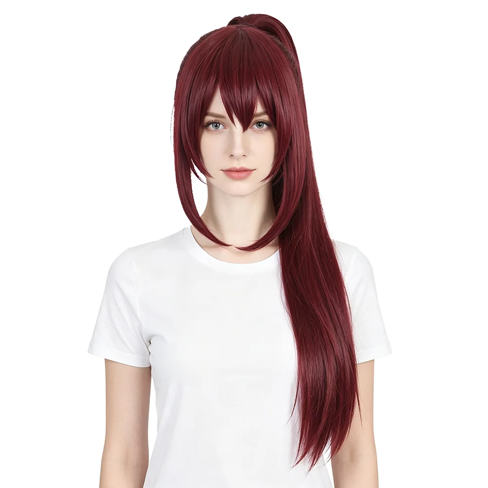 Wine Red High Ponytail Long Straight Wig For Women Anime Cosplay Heat Resistant Synthetic Full Head Wig Halloween Party Costume