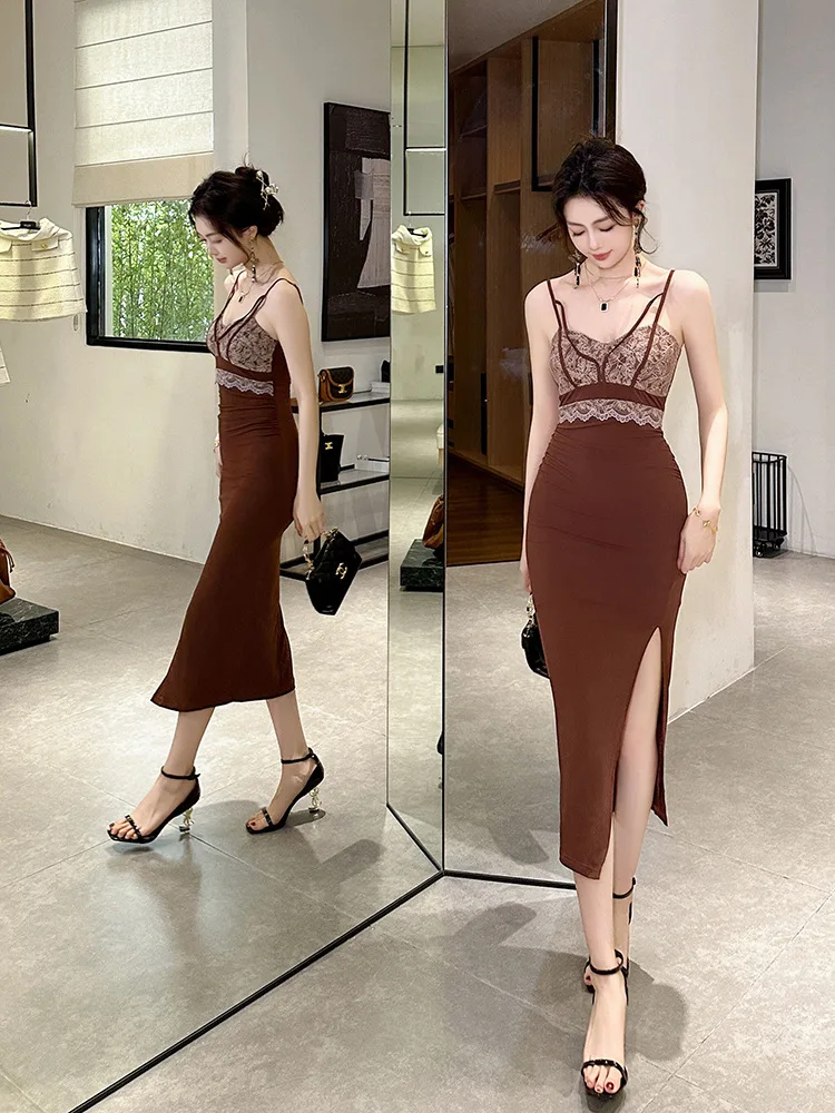 Summer New Style French Sexy Low-Cut V Neck Waist Tight Suspender Dress with Long Skirt Inside