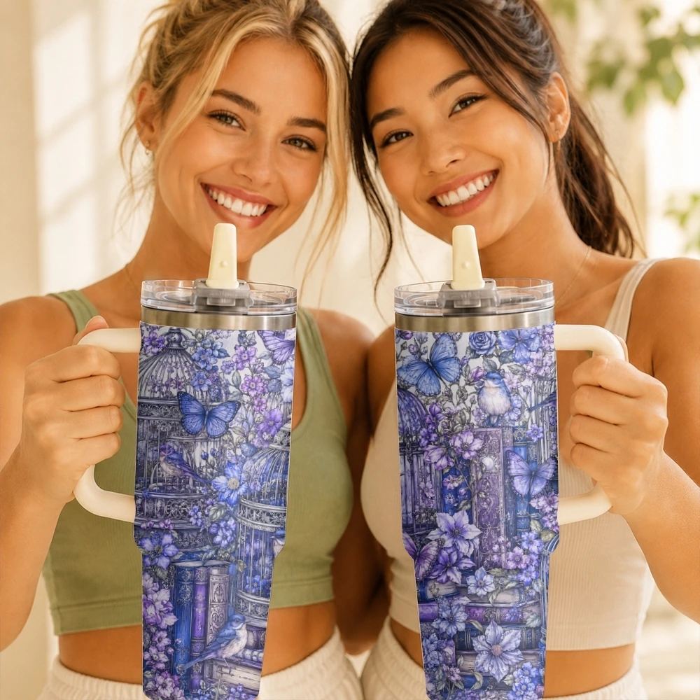 Book Lover Floral Library Vacuum Flasks 40oz Thermal Tumbler with Handle Stainless Steel Vacuum Insulated Water Portable Mug Cup