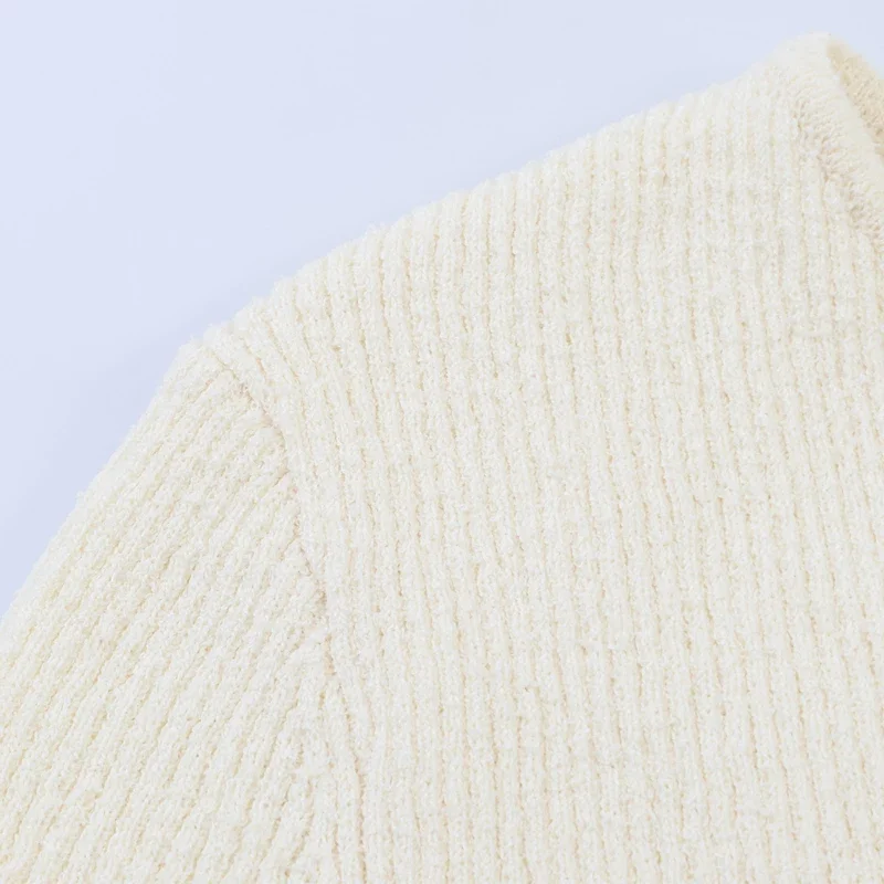 Women Ribbed Short Cardigan Diagonal Silver Shell Button Long Sleeve Irregular Neck Slim Knit Coat Daily Casual Sweater