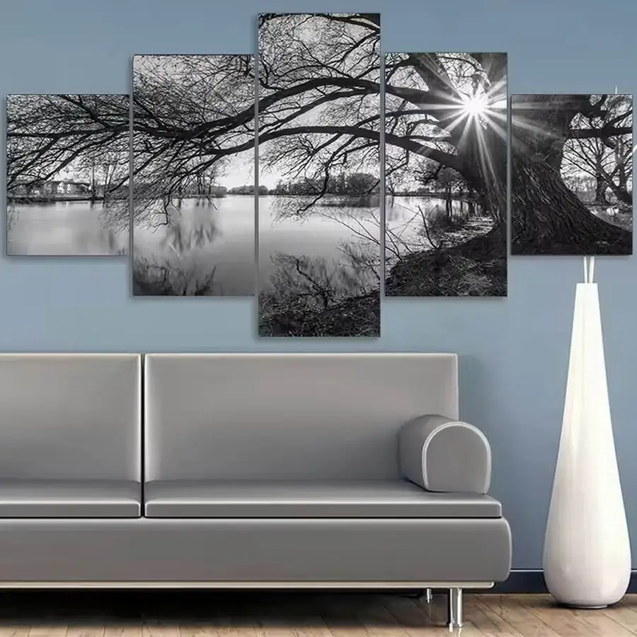 

Black and White Forest Trees 5 Piece Diy Diamond Painting Kits Scenery Lake Full Drill Mosaic Embroidery Picture Wall Decor