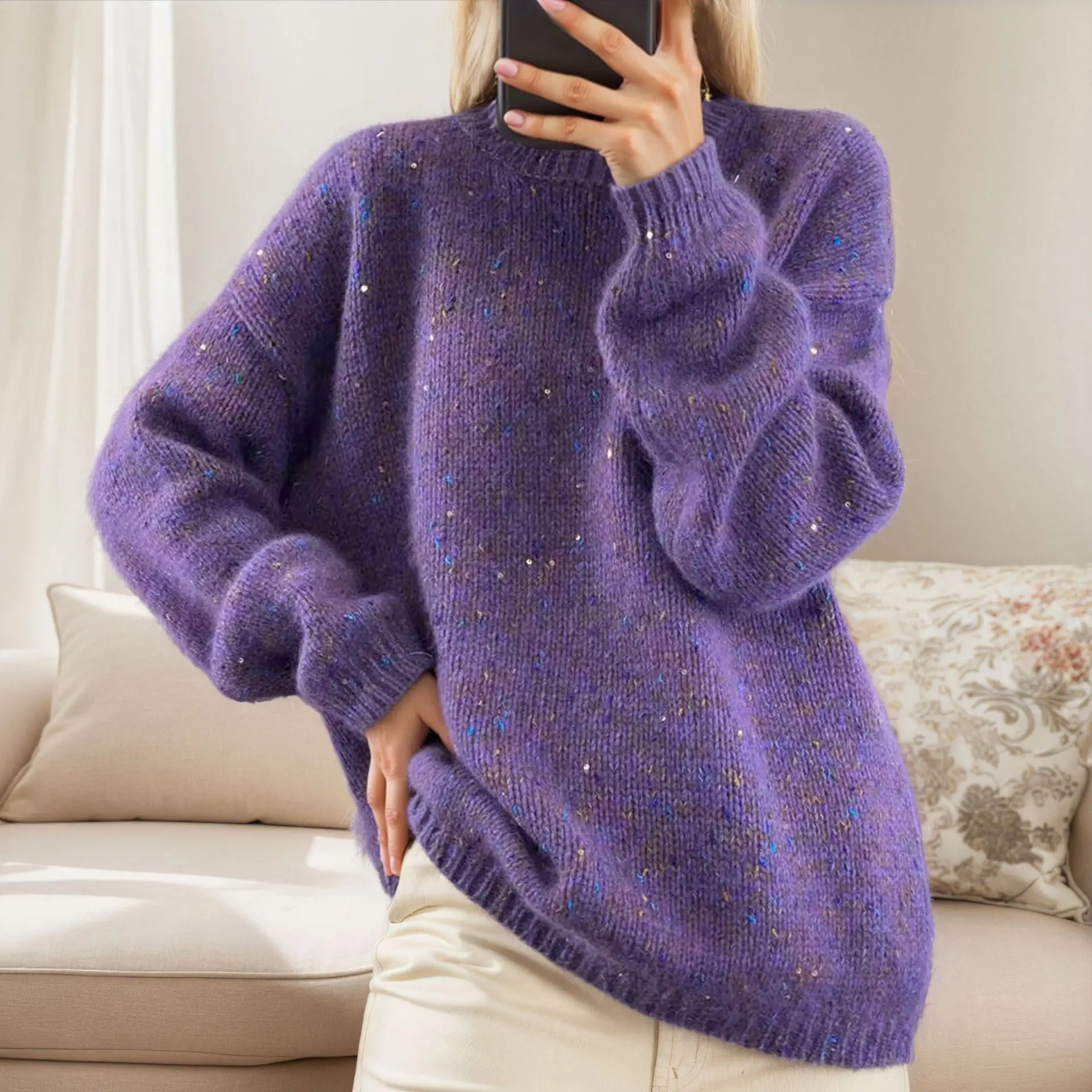 

Women's round Neck Sequin Cable Knit Long-Sleeved Pullover Sweater Autumn Winter Fashion Top for Trade