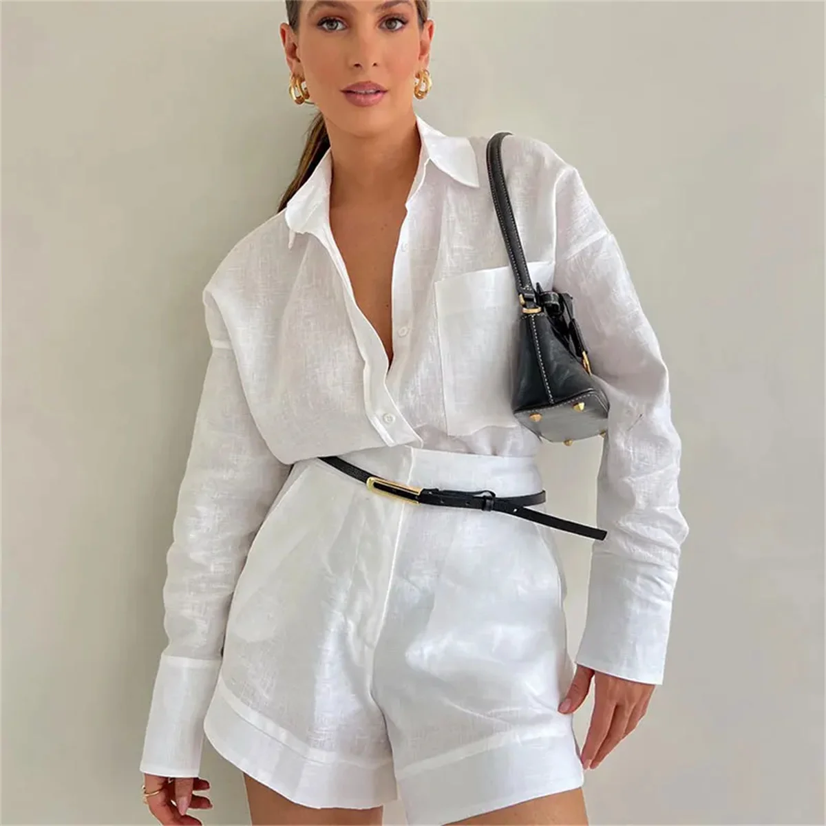 Women\'s Sets Fashion Button Pockets Short Pant Elegant Lapel Long Sleeves 2 Pieces Outfit 2024 Vacation New In Matching Sets