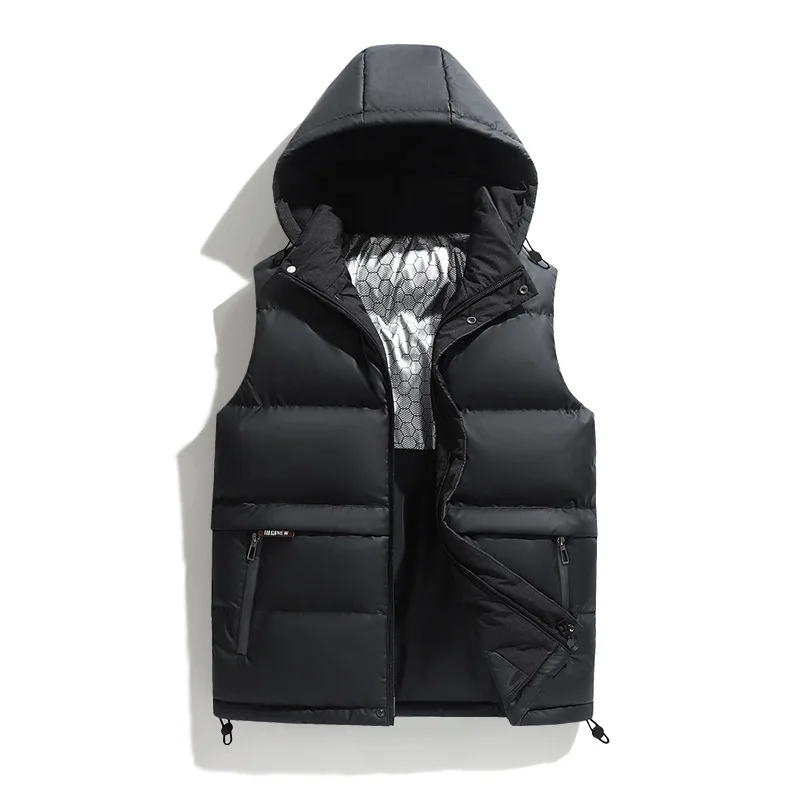 

2025 Men Down Vest Winter Thicken Cold-proof Solid Color Sleeveless Jacket Zipper Versatile Male Detachable Hooded Waistcoat