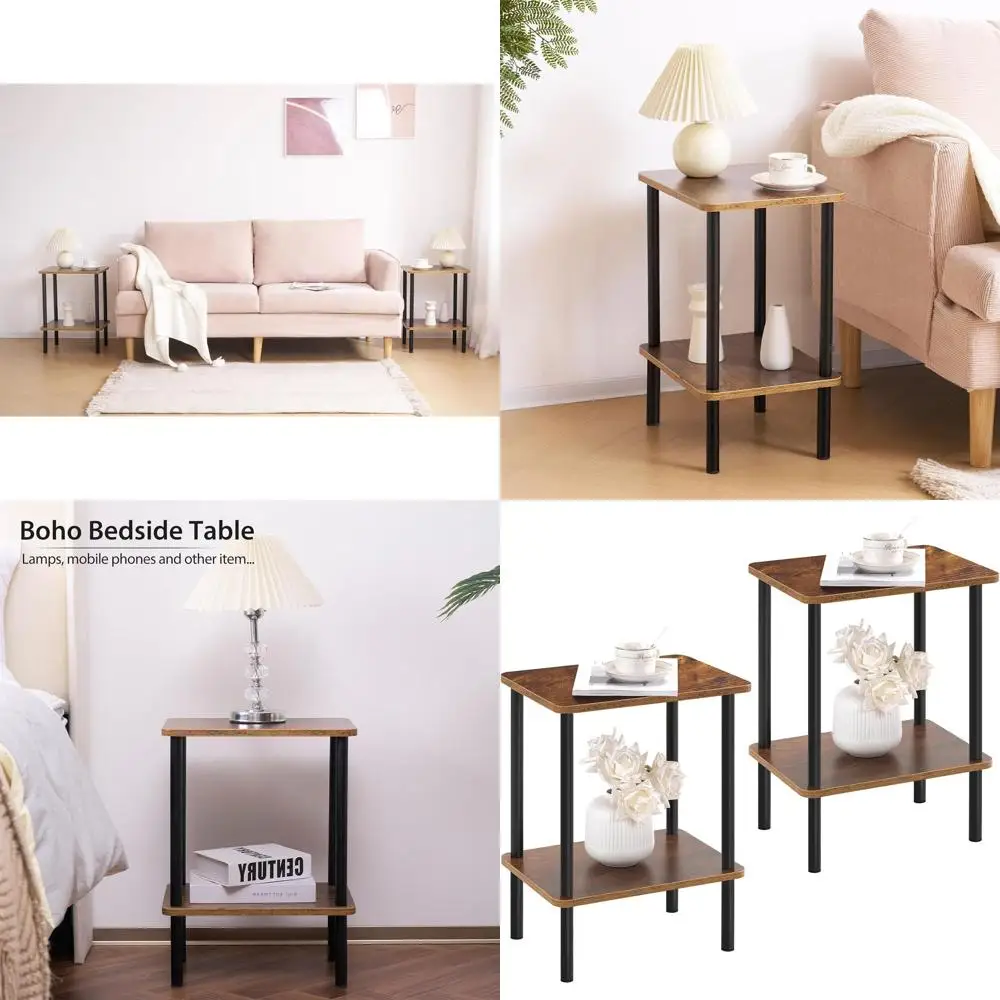 

2-Piece Wooden End Table Set, Compact Side Tables with Storage, Bohemian Style, Ideal for Small Spaces