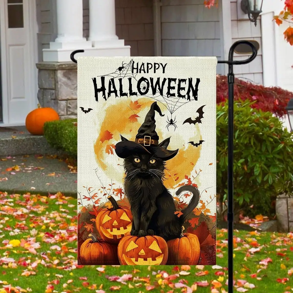 علم حديقة اليقطين للهالوين مزدوج الجوانب، علم ساحة الخيش للقطط السوداء للهالوين السعيد، ديكورات الهالوين الخارجية، Garde FFI