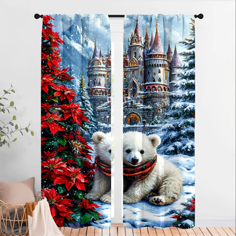 2PCS Christmas Winter Curtains, Polar Bear Castle Poinsettia, Digital Print, Bedroom Living Room, Home Decor Window Drapes