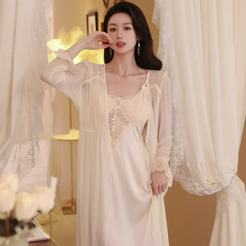 

Princess Satin Peignoir Sleeping Dress V Neck Solid Color Nightdress Two Pieces Spring Ice Silk Robe Sets Long Dressing Gown