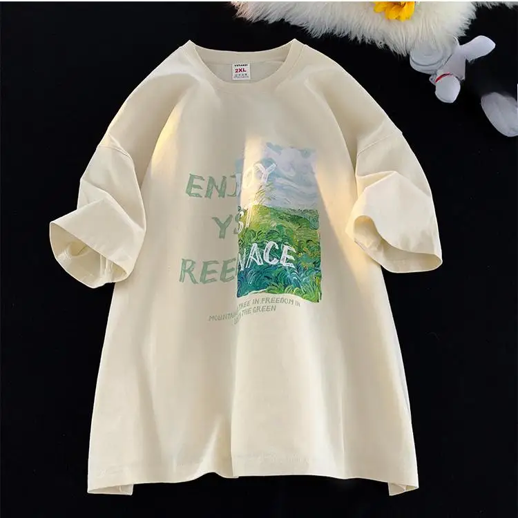 2025 Summer Letter Print T Shirt for Women 220G Pure Cotton Tees Harajuku Oversized T-shirts Y2k Tops UNISEX Hip Hop Streetwear