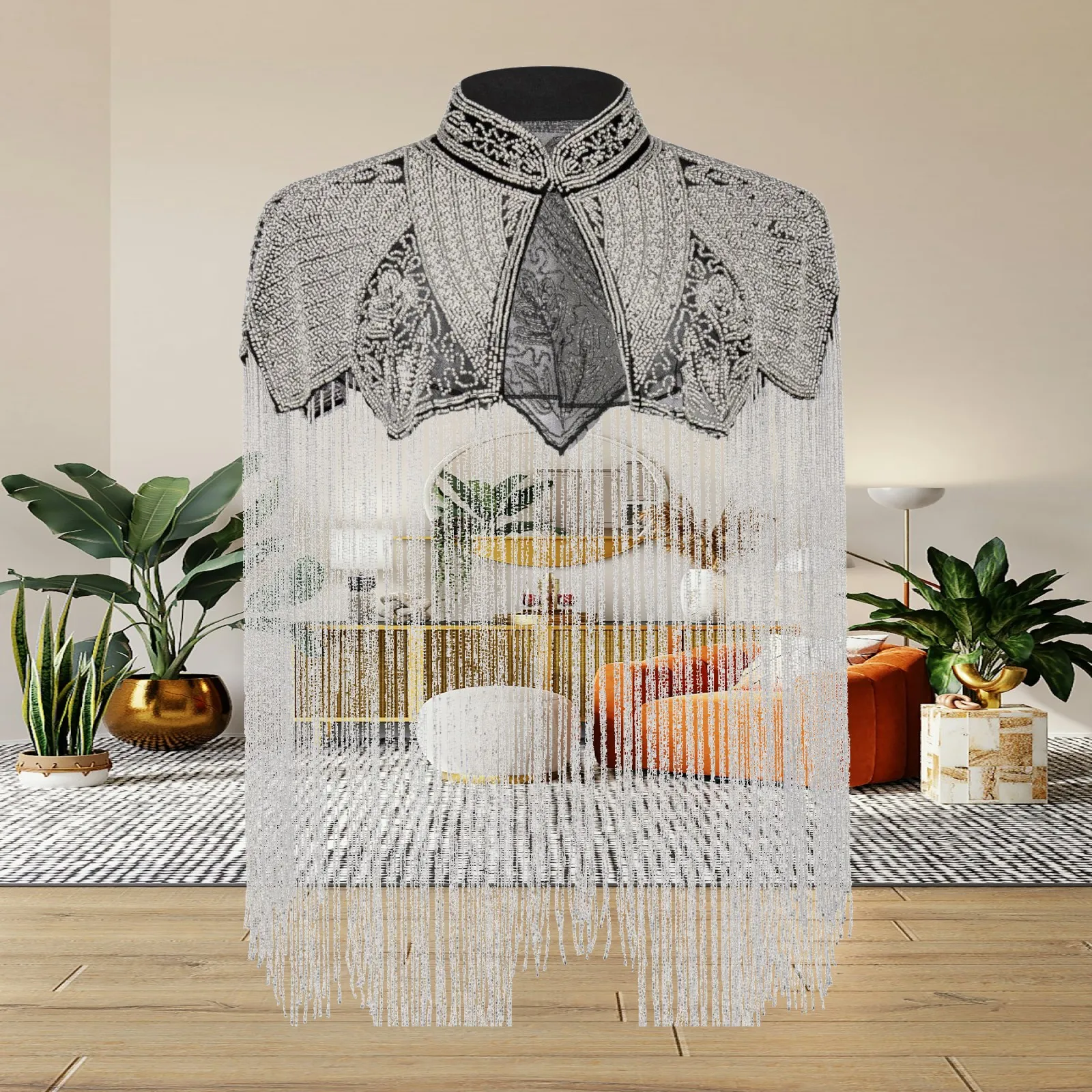 Mesh Capelet with Beaded Fringe Elegant Evening Capelet Beaded Evening Shoulder Wrap Sophisticated Embellished Wrap Shimmering