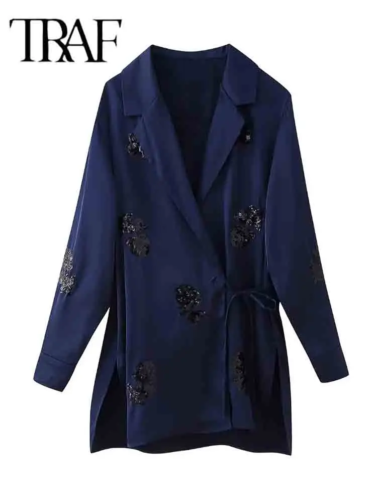 TRAF Sequin Pants Sets For Women 2 Pieces 2024 New Fashion Satin Kimono Coat Women's Suit Elegant Two Piece Set Women Outfit