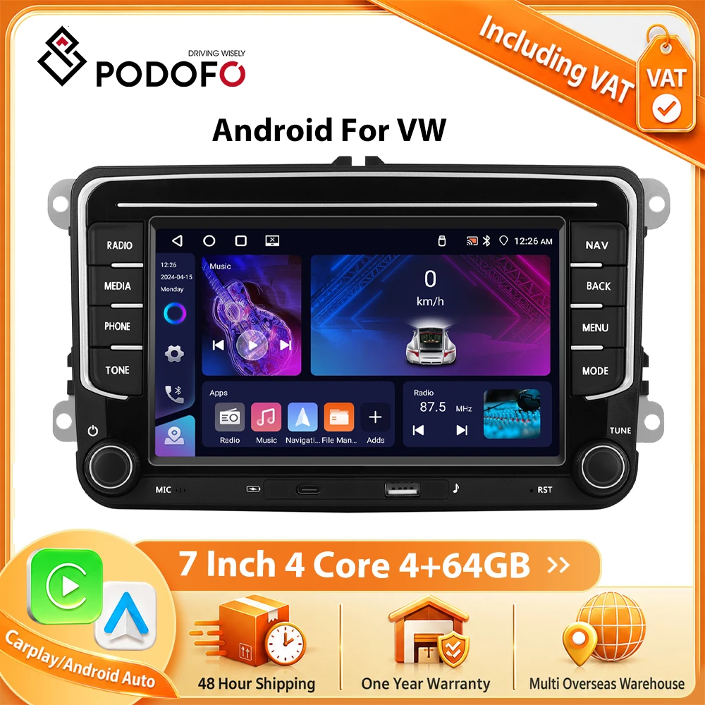 Autoradio Android 2 DIN Podofo Wireless Carplay pour VW Skoda Golf Touran Passat B6 B7 Polo, GPS, lecteur multimédia vidéo, DSP, AHD, stéréo 2 DIN